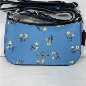 Coach Jes Baguette with Floral Bow Print Silver/Blue Multi Smooth Leather